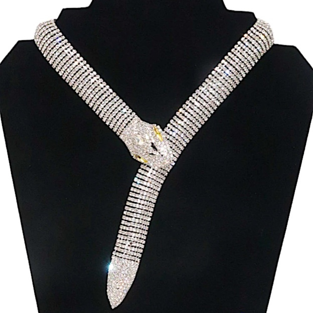 Silver Crystal Snake Serpent Rhinestone Choker Necklace - Picture 12 of 15